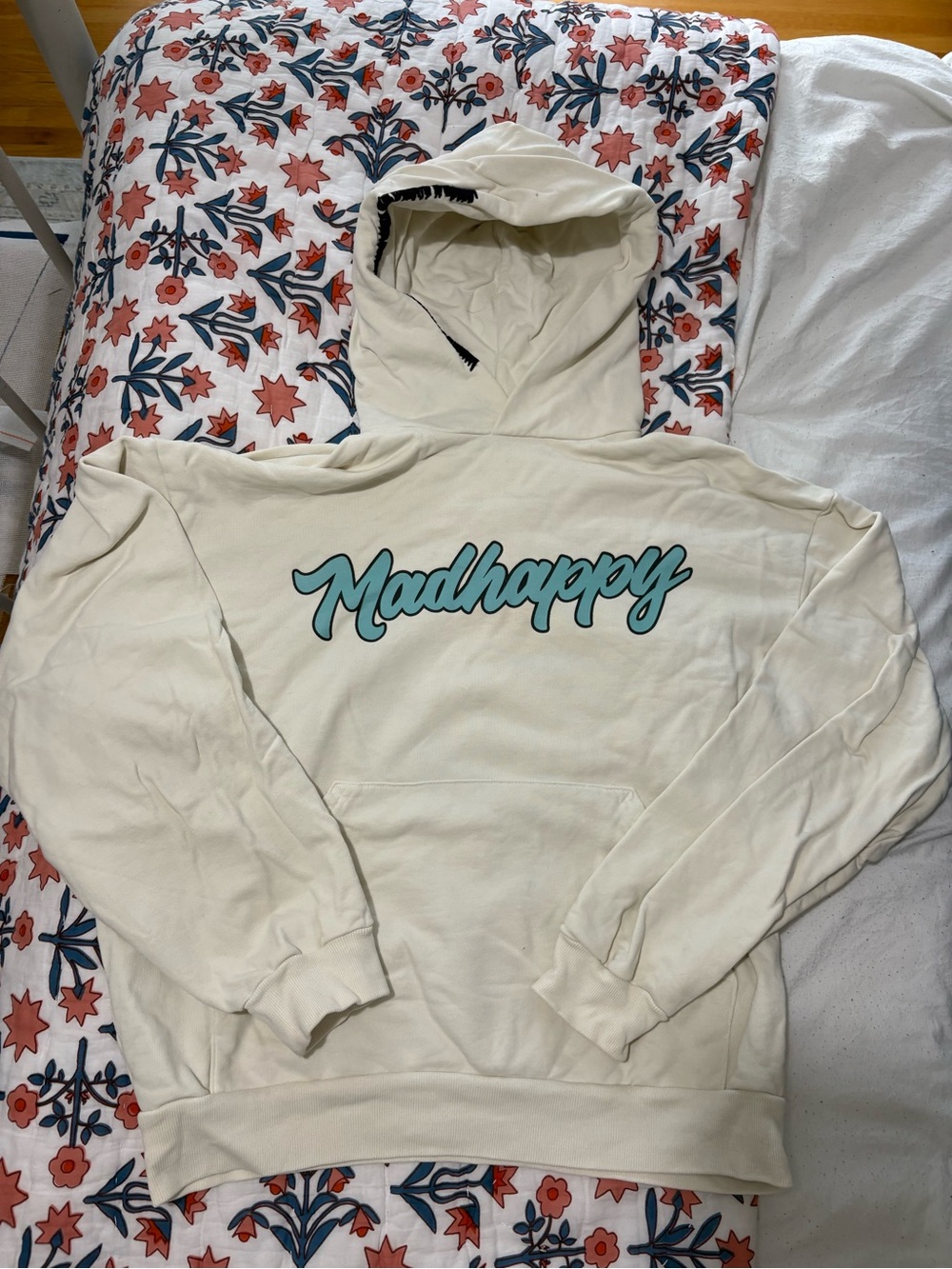 Madhappy Cream Hoodie with Teal Script Logo